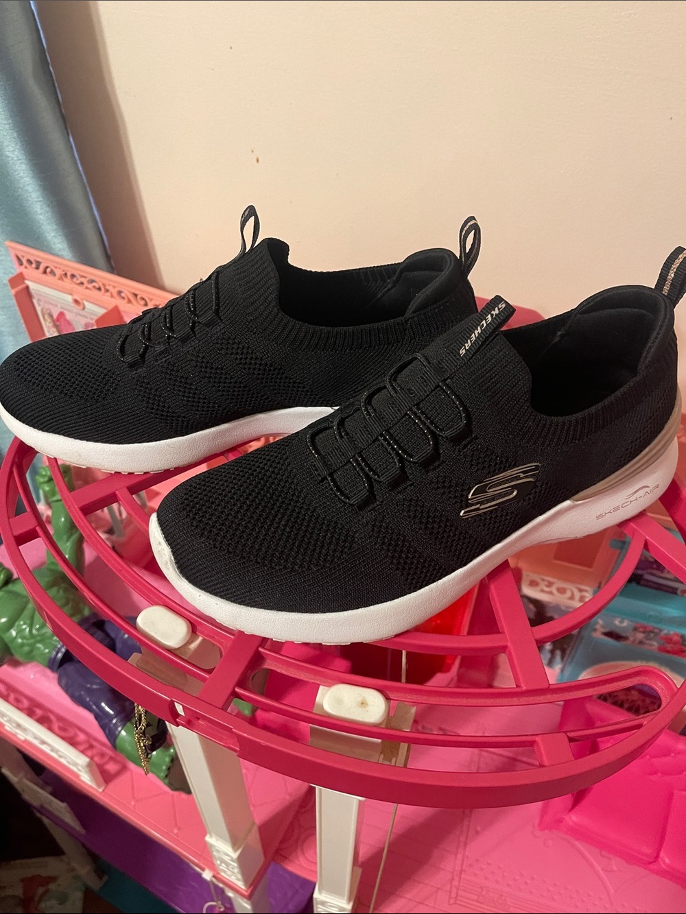 Skechers Black Knit Slip-On Athletic Sneakers with White Sole